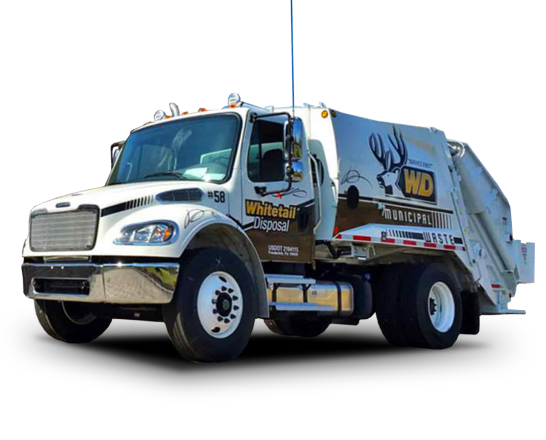 Whitetail Disposal white rear load garbage truck